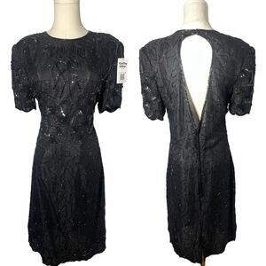 Vintage flapper dress black Sequin Beaded Mini Dress | Small Medium